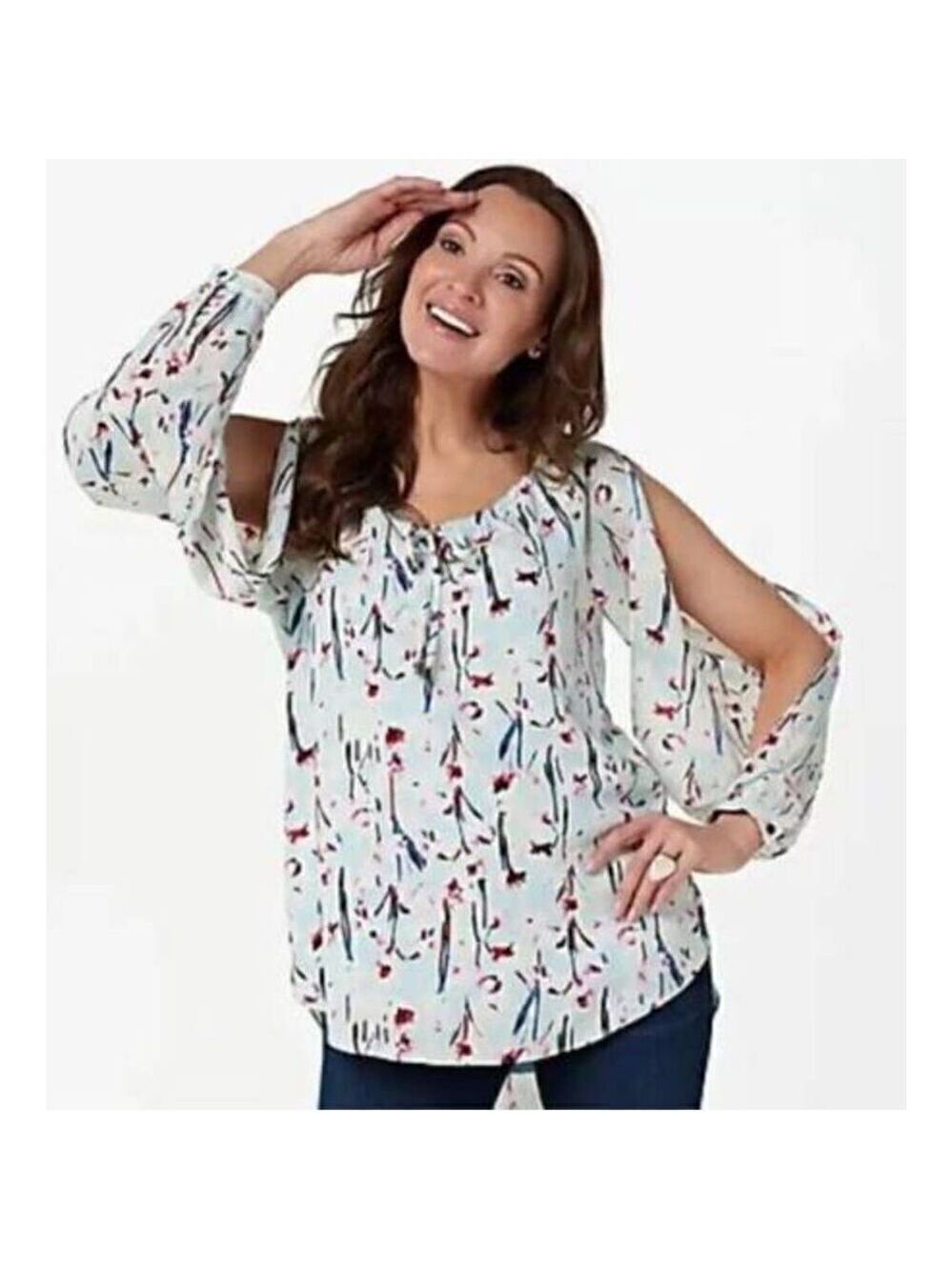 Haute Hippie Blue Floral Blouse Tunic med Long Open Sleeve Womens Top